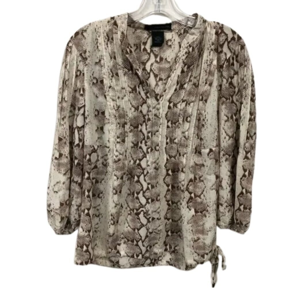 Calvin Klein Jeans Womens Brown Snakeskin Pintuck V-Neck Blouse S